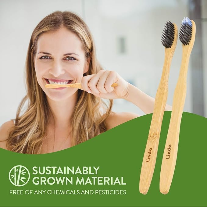 Lindo EcoGrip Charcoal Infused Bamboo Toothbrush - Soft German Made Fiber Bristles, Organic and Recyclable, Multi-Colored - Pack of 4 - Image 4